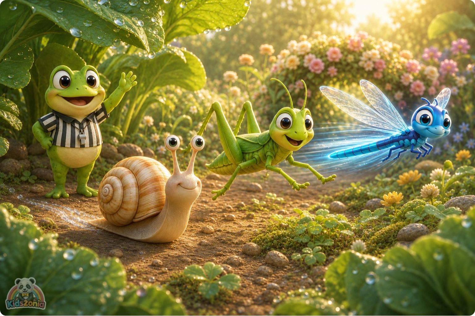 Bumble the snail moving slowly through a glowing garden path, noticing rainbow puddles, green leaves, and a strawberry, showing mindfulness, wonder, and slow living.