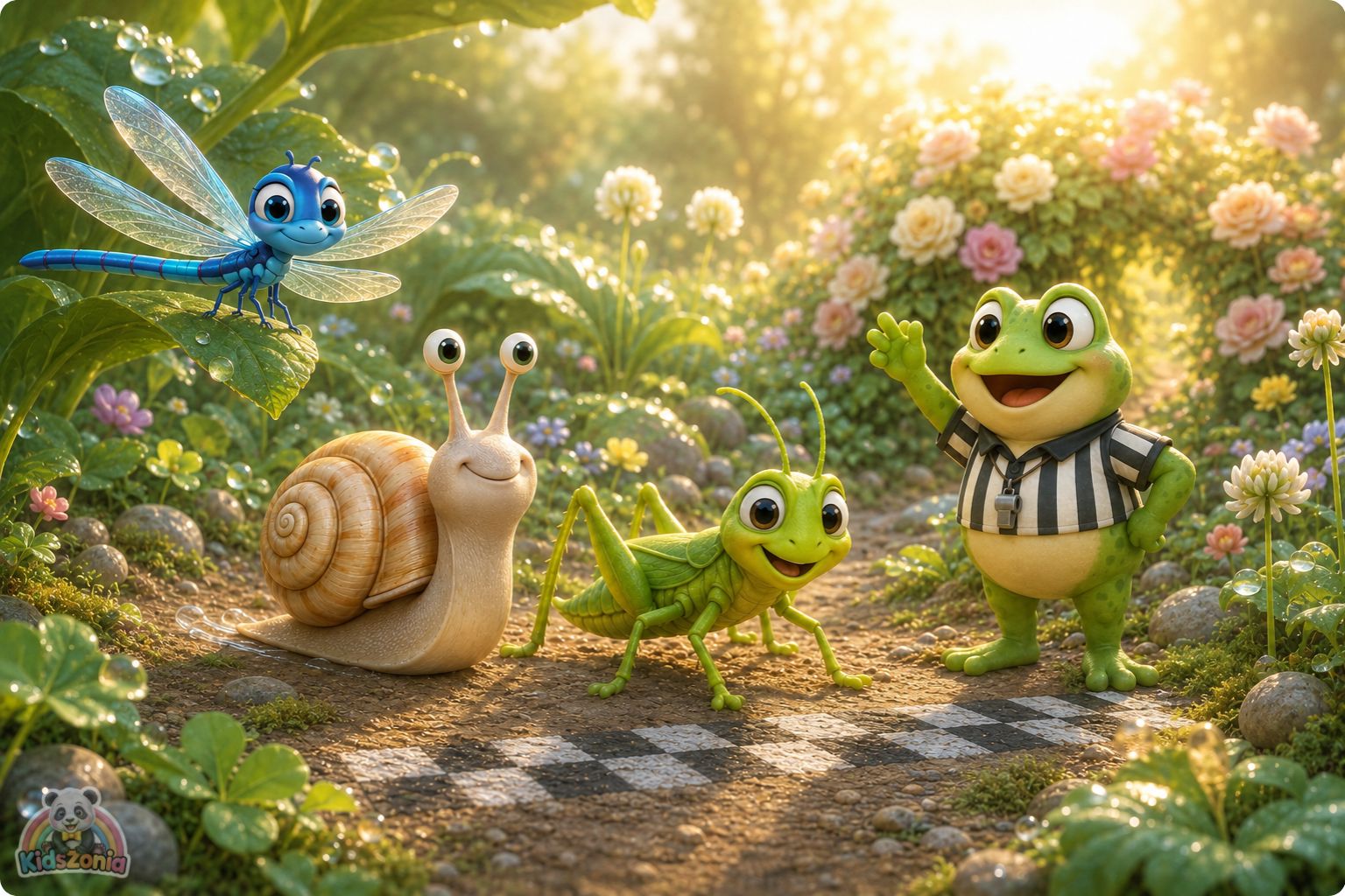Bumble the snail moving slowly through a glowing garden path, noticing rainbow puddles, green leaves, and a strawberry, showing mindfulness, wonder, and slow living.