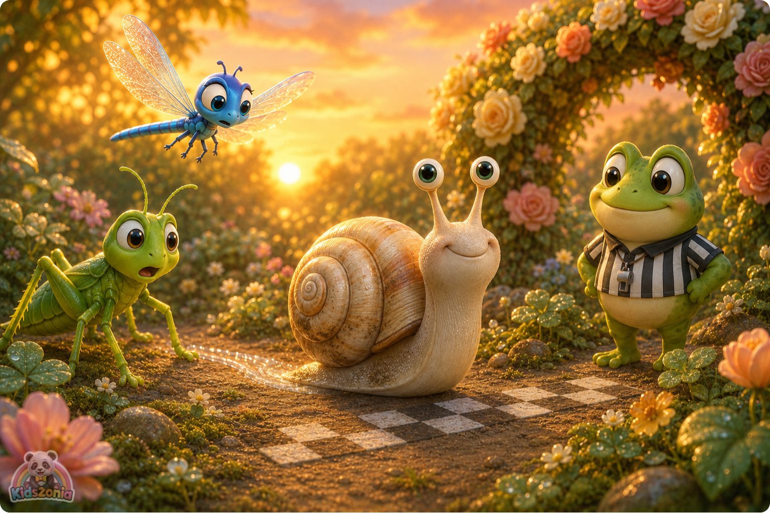 Bumble the snail moving slowly through a glowing garden path, noticing rainbow puddles, green leaves, and a strawberry, showing mindfulness, wonder, and slow living.