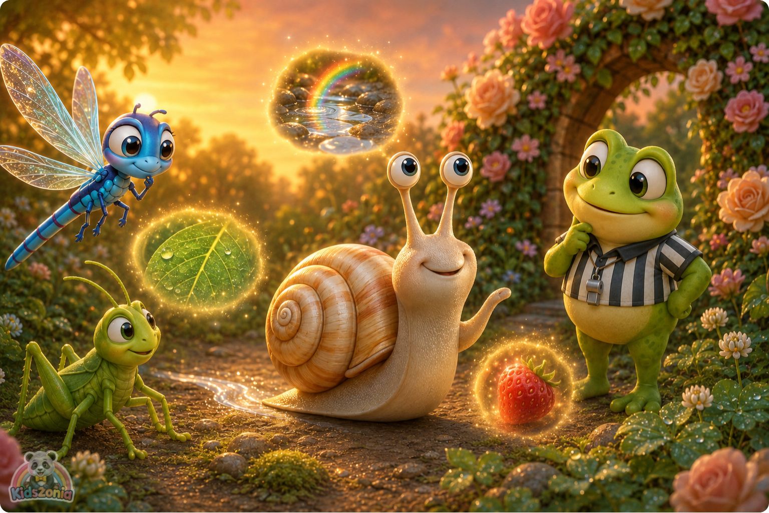 Bumble the snail moving slowly through a glowing garden path, noticing rainbow puddles, green leaves, and a strawberry, showing mindfulness, wonder, and slow living.