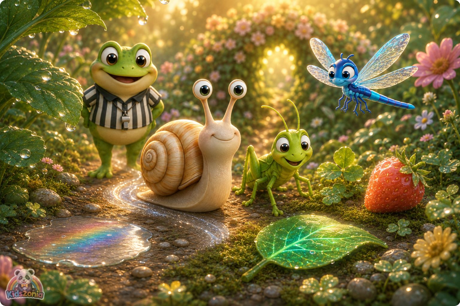 Bumble the snail moving slowly through a glowing garden path, noticing rainbow puddles, green leaves, and a strawberry, showing mindfulness, wonder, and slow living.