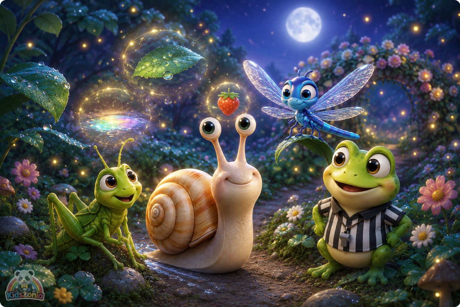 Bumble the snail moving slowly through a glowing garden path, noticing rainbow puddles, green leaves, and a strawberry, showing mindfulness, wonder, and slow living.