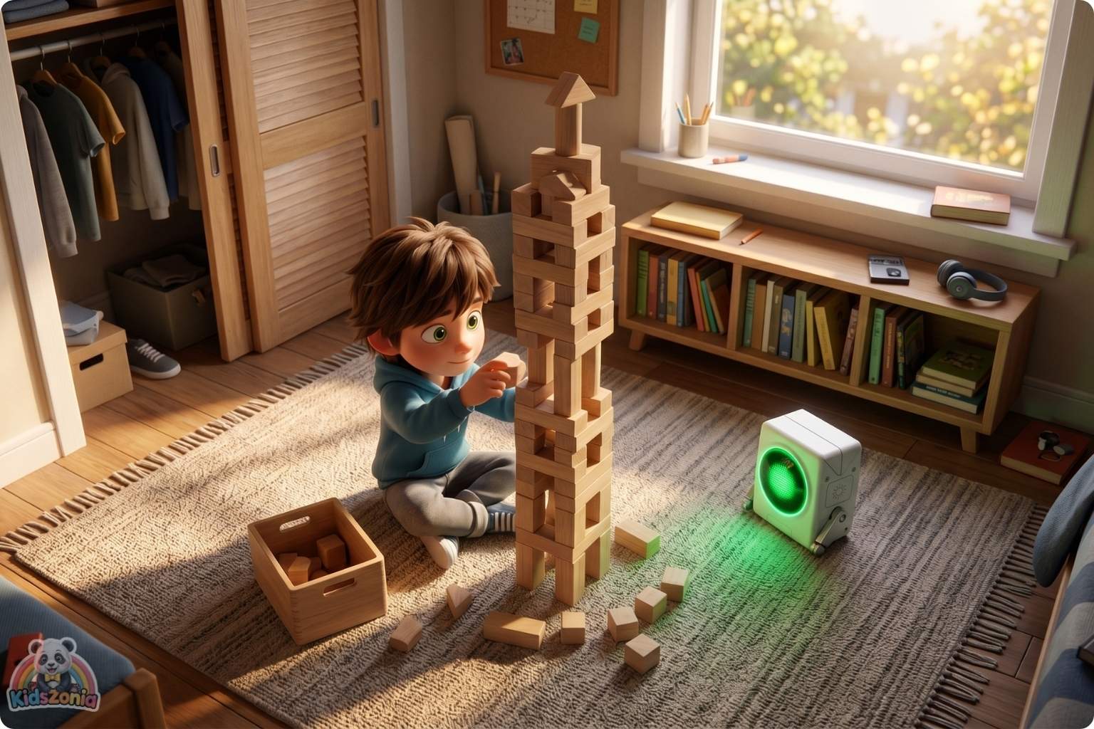 Toby holding a glowing pocket robot in the backyard while exploring nature, blocks, plants, and beetles, showing screen-time balance, creativity, and real-world adventure.
