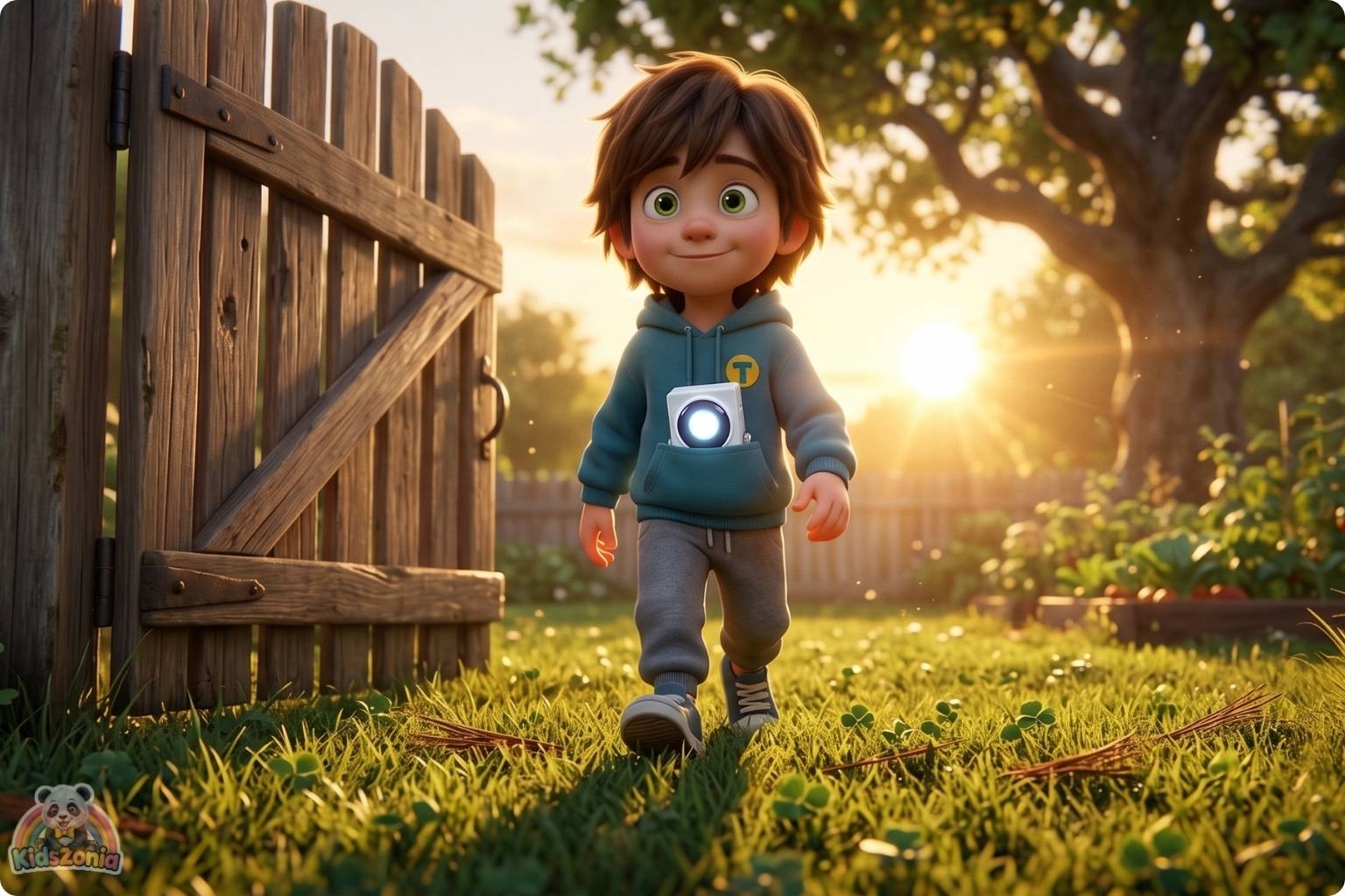 Toby holding a glowing pocket robot in the backyard while exploring nature, blocks, plants, and beetles, showing screen-time balance, creativity, and real-world adventure.