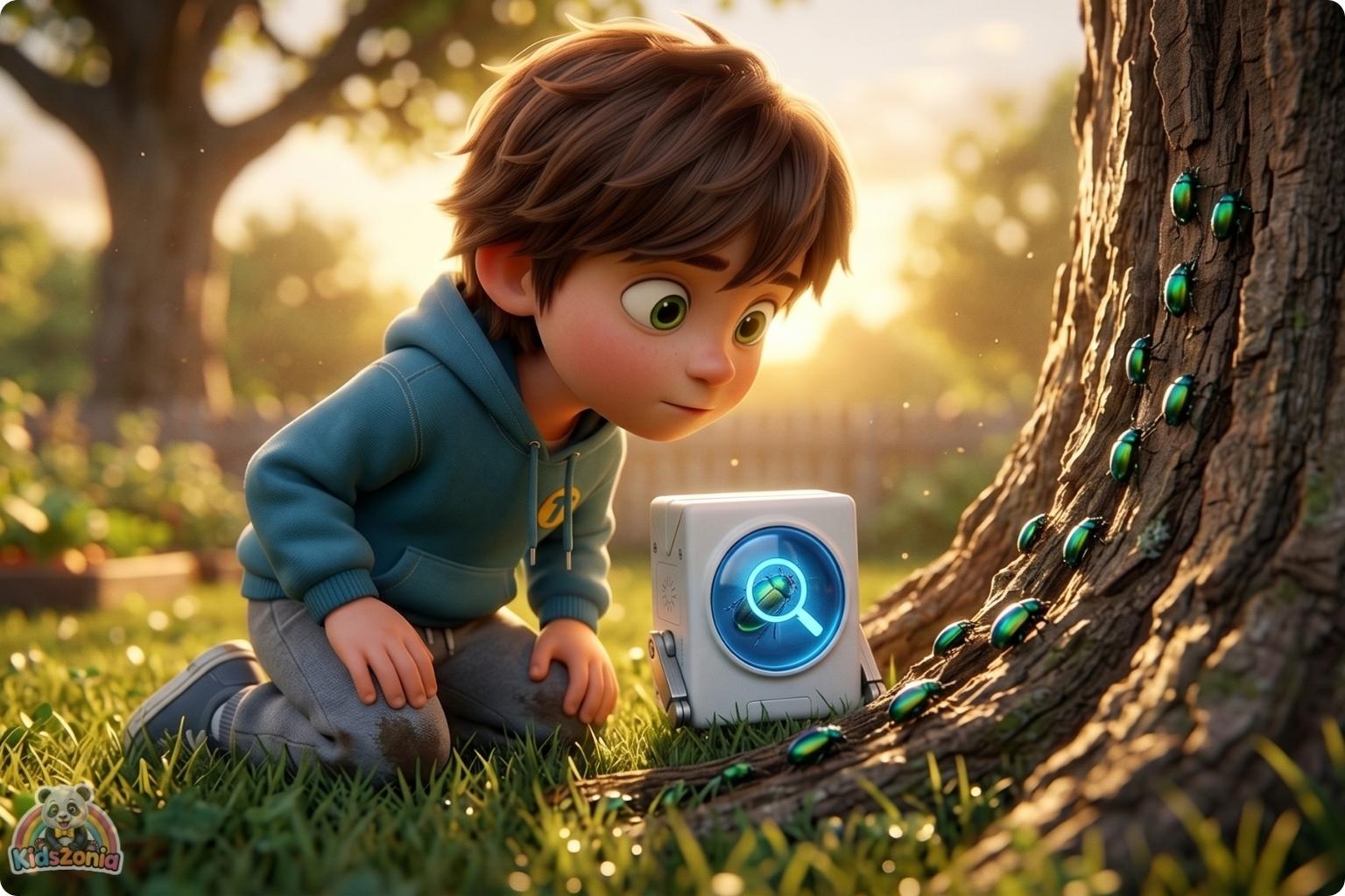 Toby holding a glowing pocket robot in the backyard while exploring nature, blocks, plants, and beetles, showing screen-time balance, creativity, and real-world adventure.
