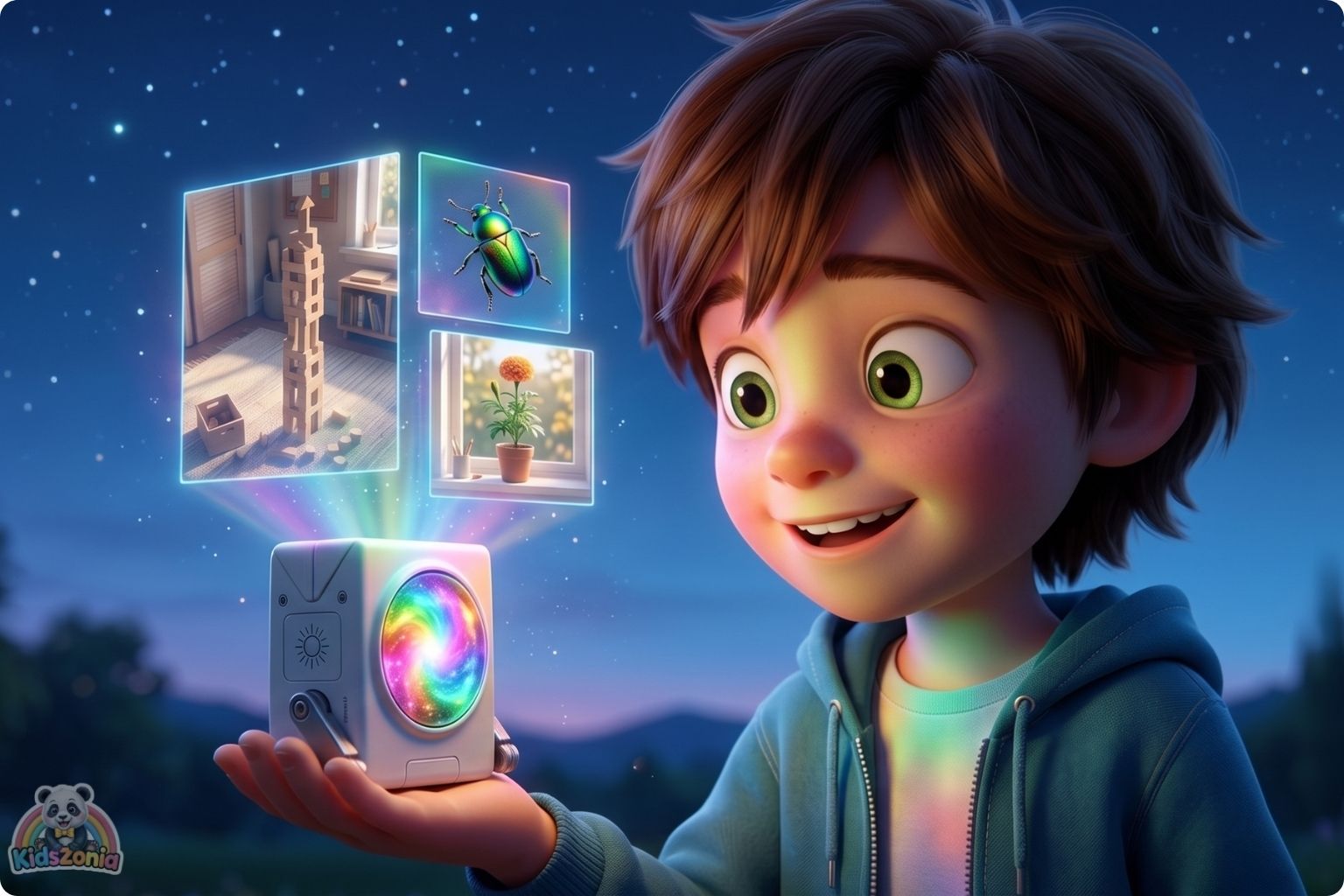 Toby holding a glowing pocket robot in the backyard while exploring nature, blocks, plants, and beetles, showing screen-time balance, creativity, and real-world adventure.