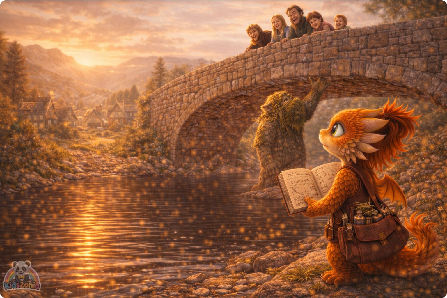 Ember helping Grumble the Troll wear a moss breathing mask near a cracked bridge, showing science, careful observation, pollen, kindness, and problem-solving.