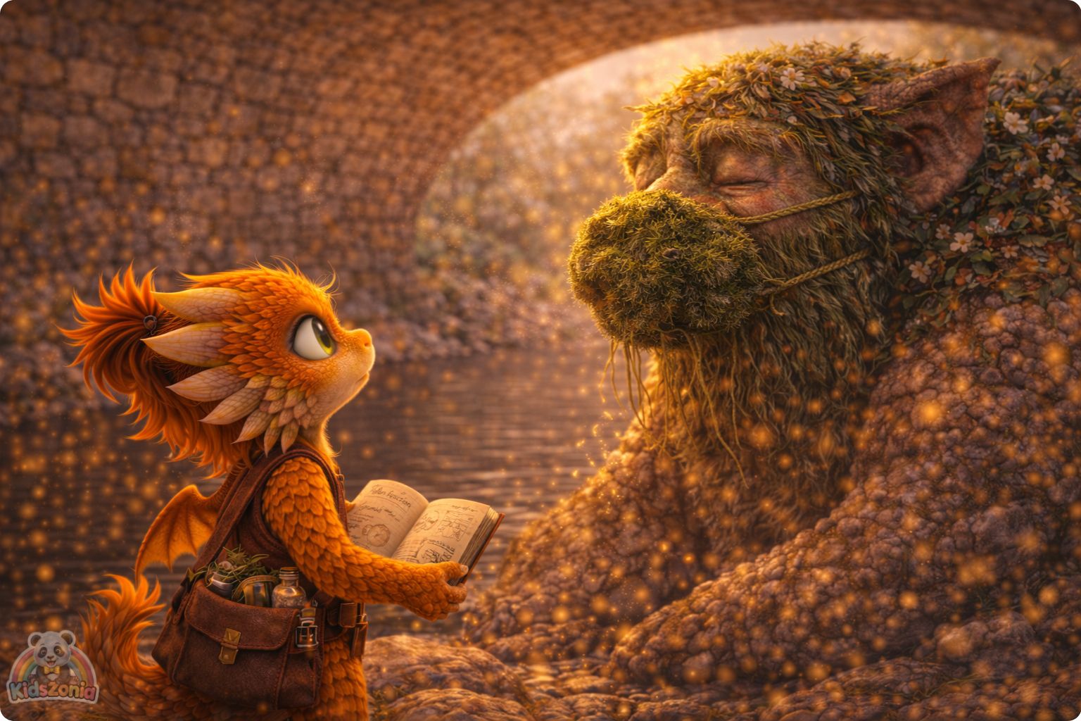 Ember helping Grumble the Troll wear a moss breathing mask near a cracked bridge, showing science, careful observation, pollen, kindness, and problem-solving.