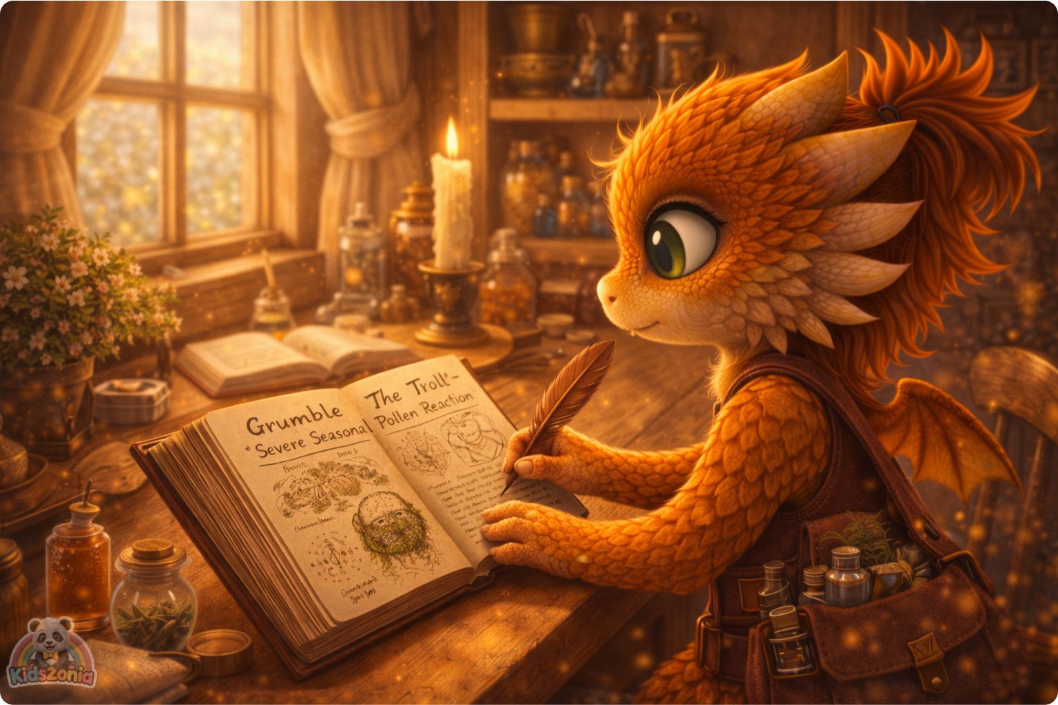 Ember helping Grumble the Troll wear a moss breathing mask near a cracked bridge, showing science, careful observation, pollen, kindness, and problem-solving.