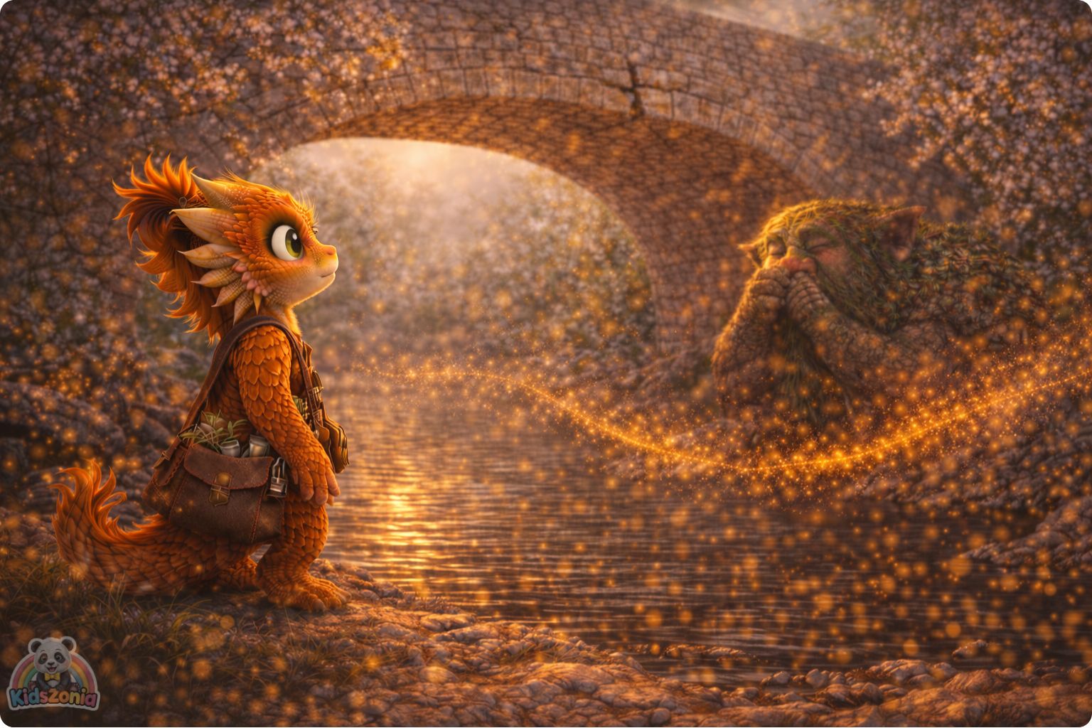 Ember helping Grumble the Troll wear a moss breathing mask near a cracked bridge, showing science, careful observation, pollen, kindness, and problem-solving.