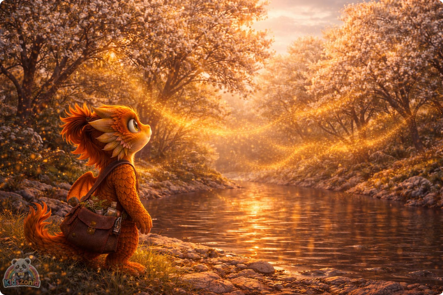 Ember helping Grumble the Troll wear a moss breathing mask near a cracked bridge, showing science, careful observation, pollen, kindness, and problem-solving.