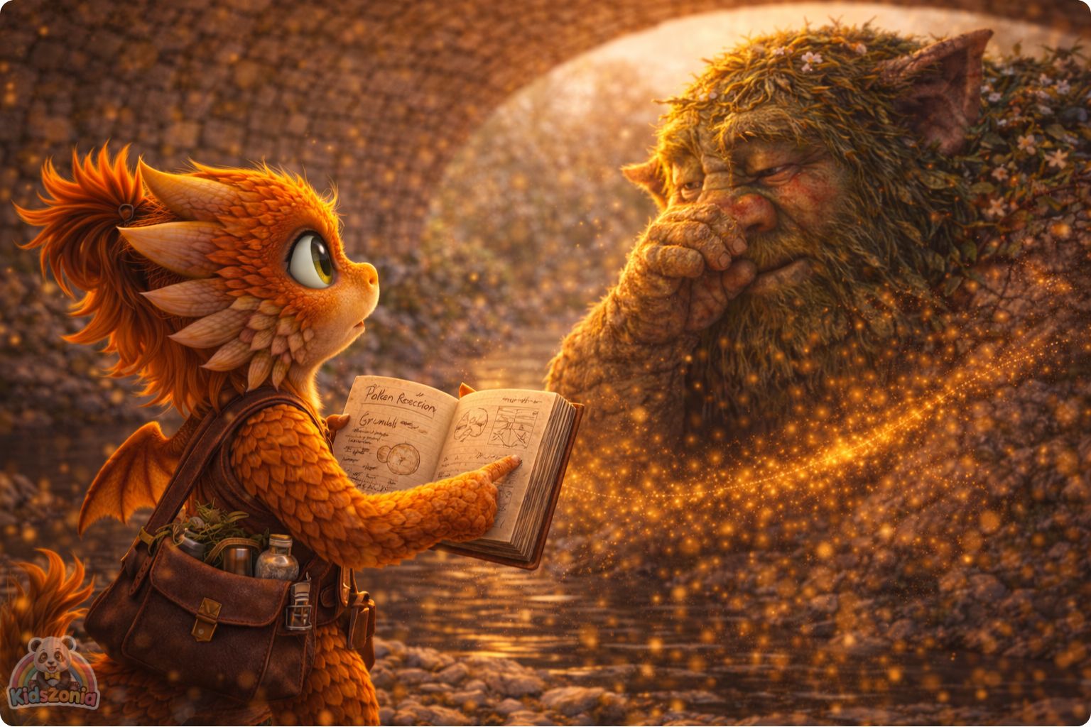 Ember helping Grumble the Troll wear a moss breathing mask near a cracked bridge, showing science, careful observation, pollen, kindness, and problem-solving.