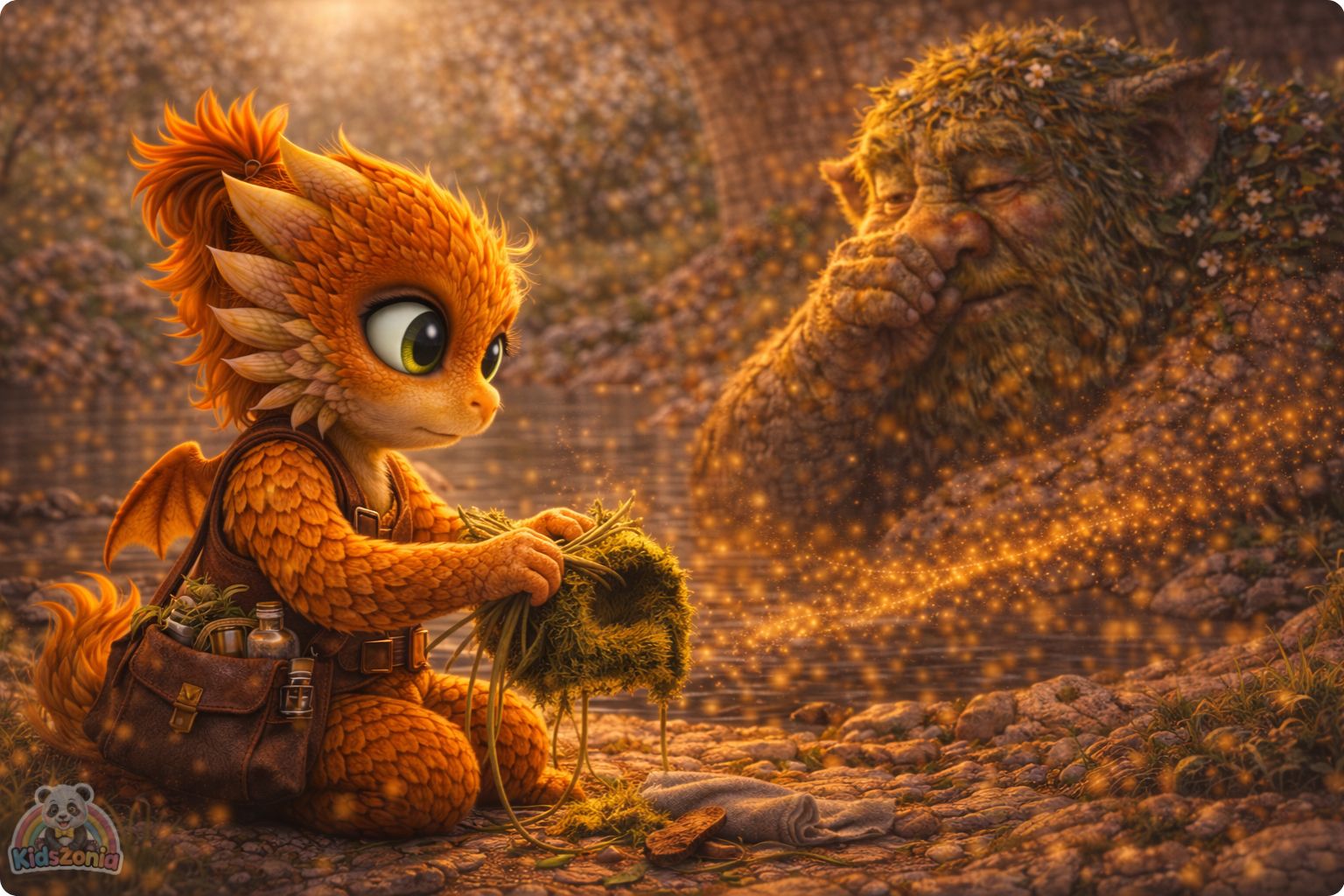 Ember helping Grumble the Troll wear a moss breathing mask near a cracked bridge, showing science, careful observation, pollen, kindness, and problem-solving.
