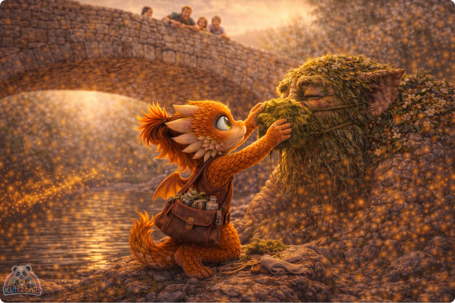 Ember helping Grumble the Troll wear a moss breathing mask near a cracked bridge, showing science, careful observation, pollen, kindness, and problem-solving.