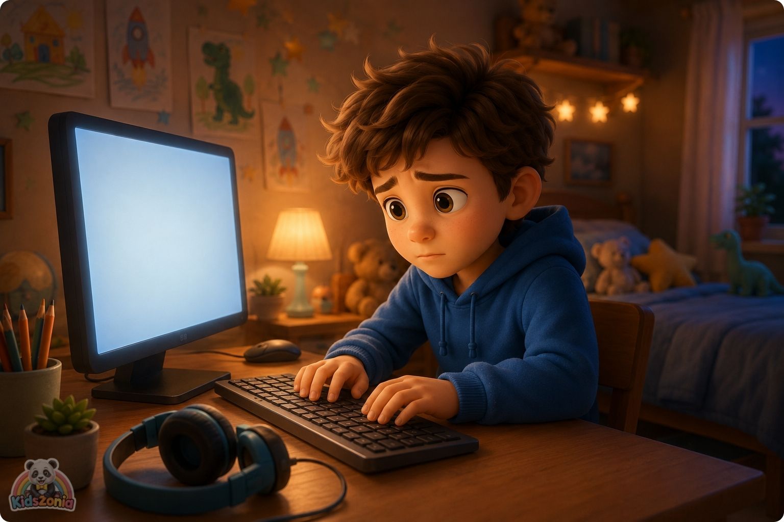 Arlo and Zane playing an online game from their bedrooms, showing digital empathy, online kindness, friendship, and real feelings behind screens.