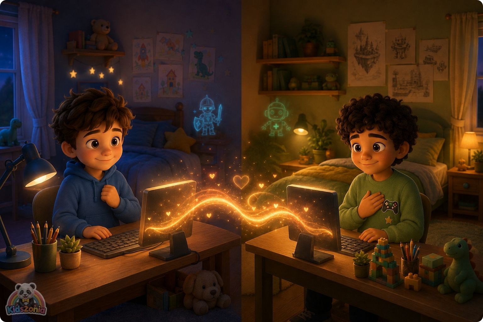 Arlo and Zane playing an online game from their bedrooms, showing digital empathy, online kindness, friendship, and real feelings behind screens.