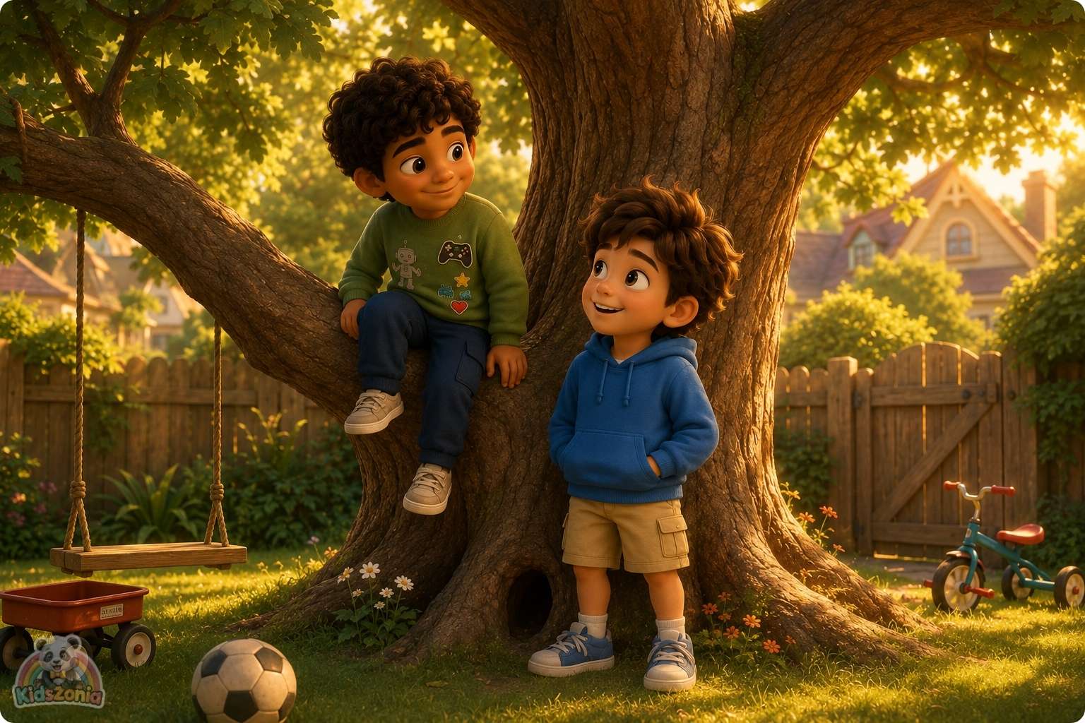 Arlo and Zane playing an online game from their bedrooms, showing digital empathy, online kindness, friendship, and real feelings behind screens.