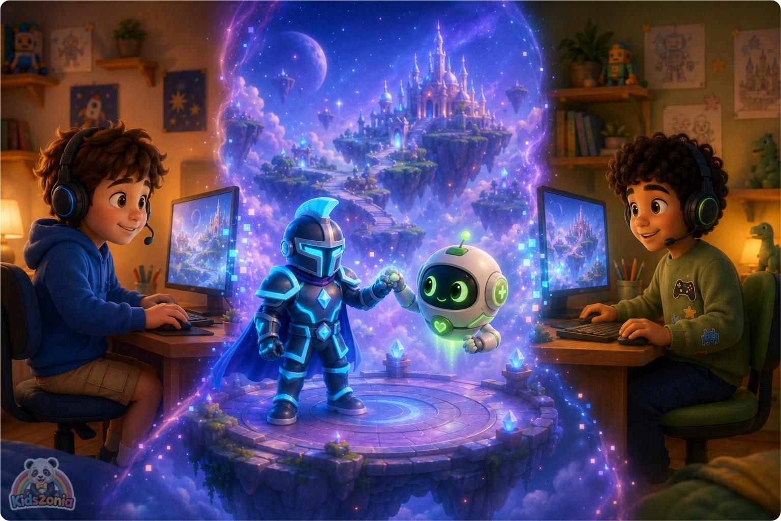 Arlo and Zane playing an online game from their bedrooms, showing digital empathy, online kindness, friendship, and real feelings behind screens.