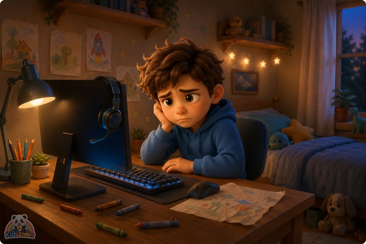 Arlo and Zane playing an online game from their bedrooms, showing digital empathy, online kindness, friendship, and real feelings behind screens.