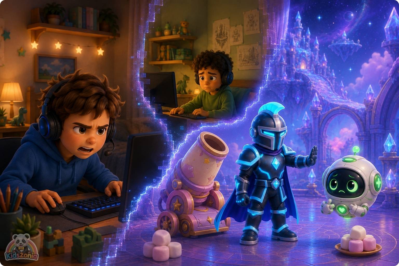 Arlo and Zane playing an online game from their bedrooms, showing digital empathy, online kindness, friendship, and real feelings behind screens.
