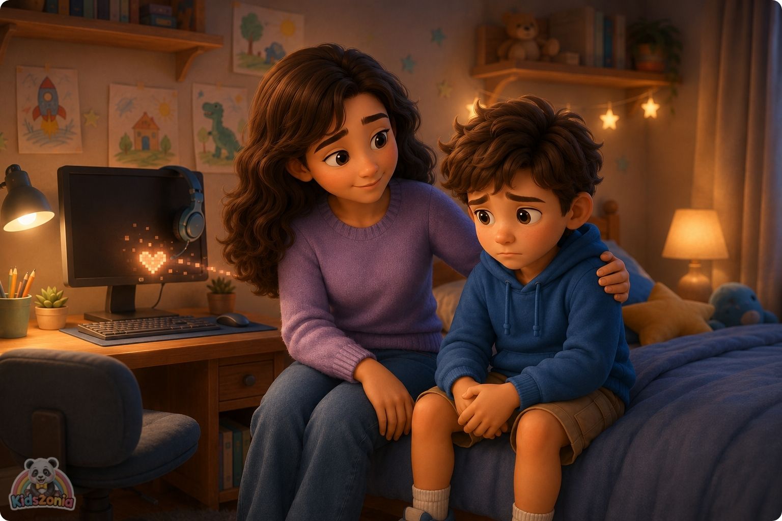 Arlo and Zane playing an online game from their bedrooms, showing digital empathy, online kindness, friendship, and real feelings behind screens.