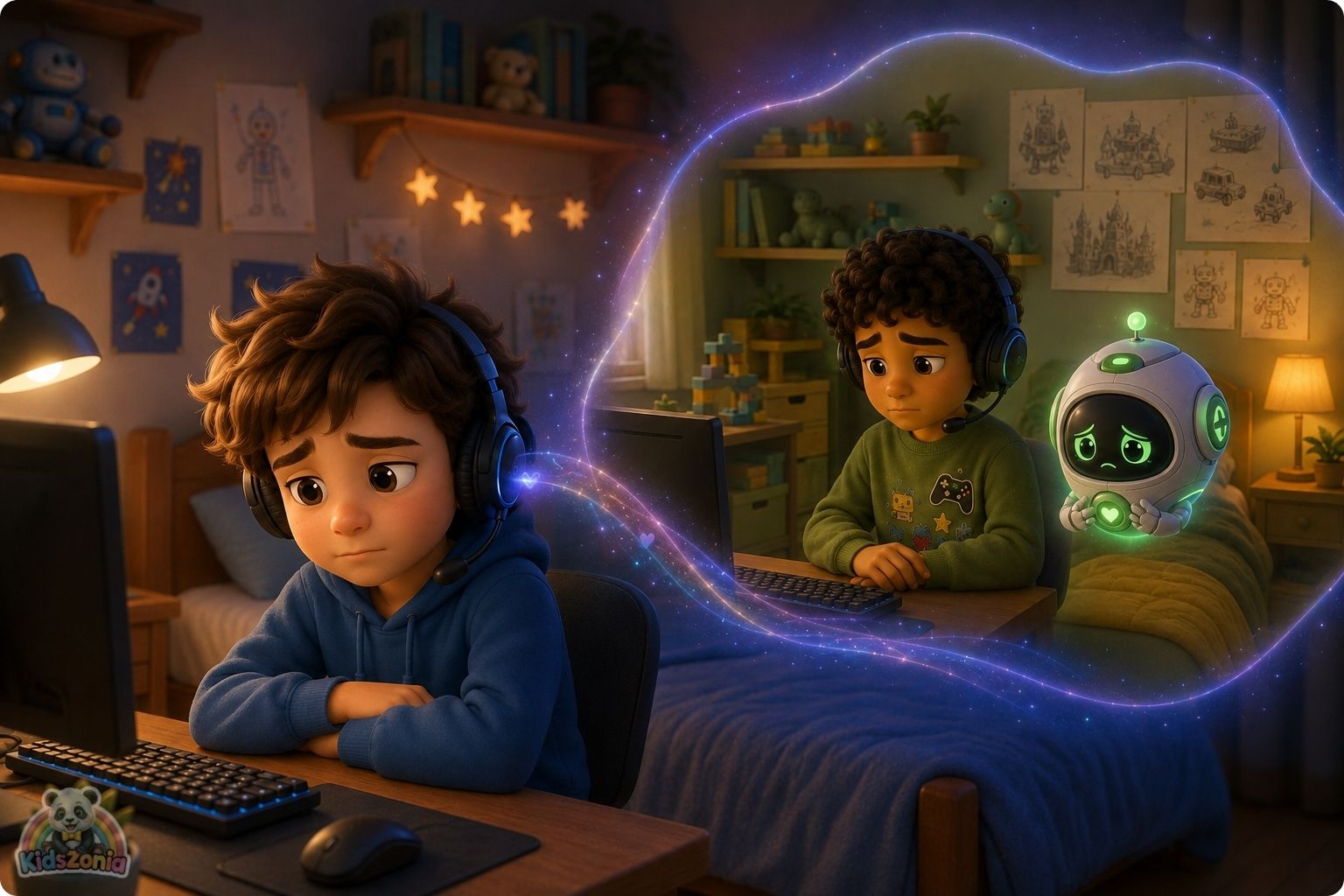 Arlo and Zane playing an online game from their bedrooms, showing digital empathy, online kindness, friendship, and real feelings behind screens.