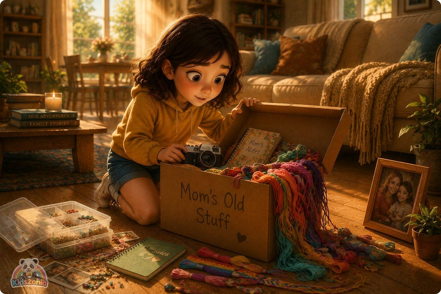 Zoe playing outside under an old oak tree with Milo, blocks, a book, and a friendship bracelet, showing screen-time balance, creativity, imagination, and family bonding.