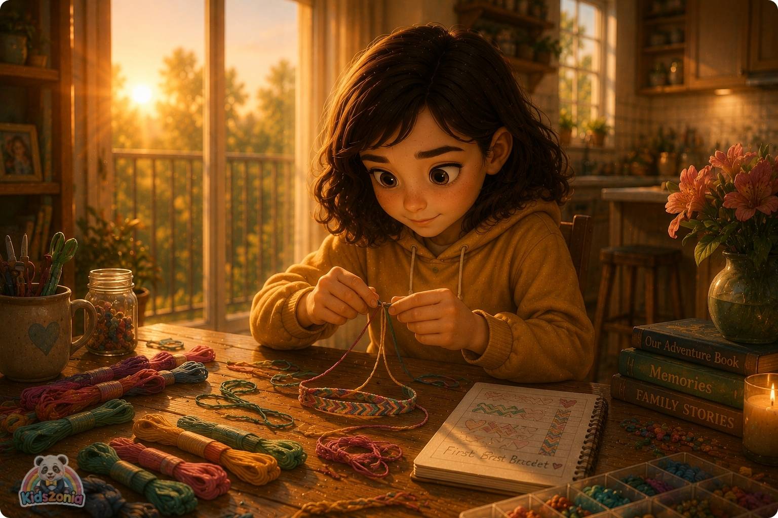 Zoe playing outside under an old oak tree with Milo, blocks, a book, and a friendship bracelet, showing screen-time balance, creativity, imagination, and family bonding.
