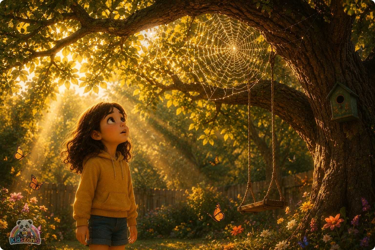 Zoe playing outside under an old oak tree with Milo, blocks, a book, and a friendship bracelet, showing screen-time balance, creativity, imagination, and family bonding.