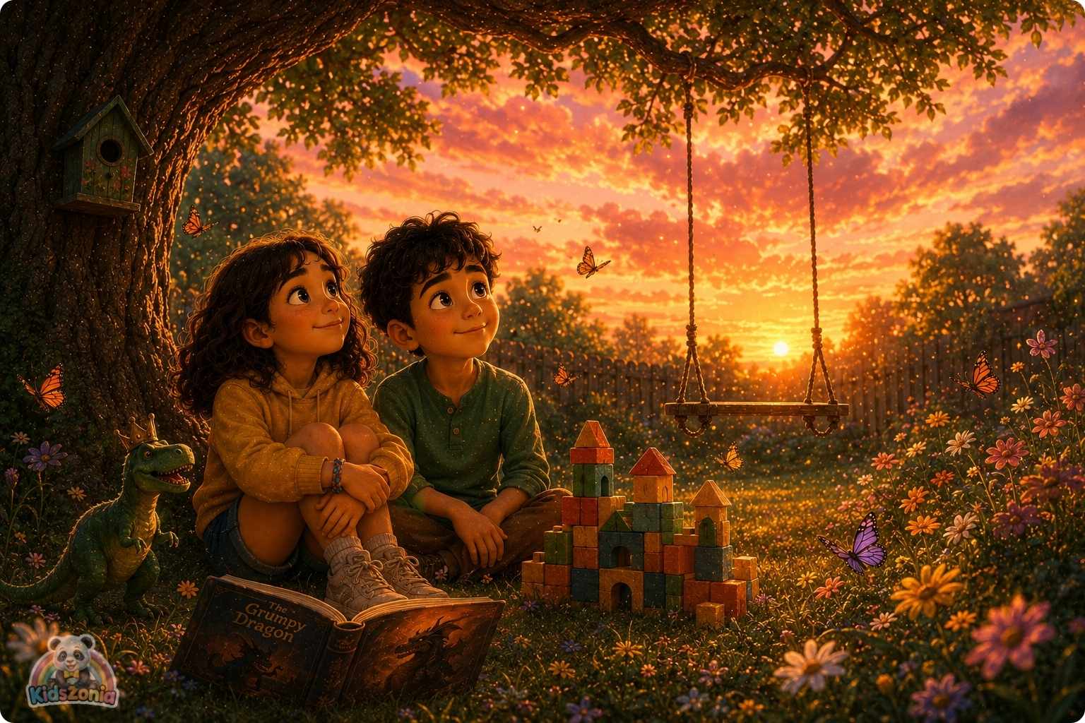 Zoe playing outside under an old oak tree with Milo, blocks, a book, and a friendship bracelet, showing screen-time balance, creativity, imagination, and family bonding.