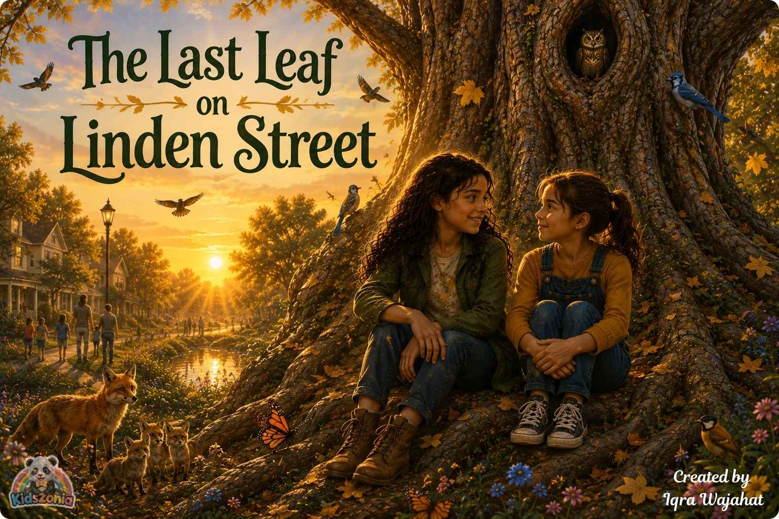 Ava standing beneath the silver-barked Listening Tree in Linden Grove with birds, foxes, and community members nearby, showing nature protection, courage, environmental responsibility, and speaking up.