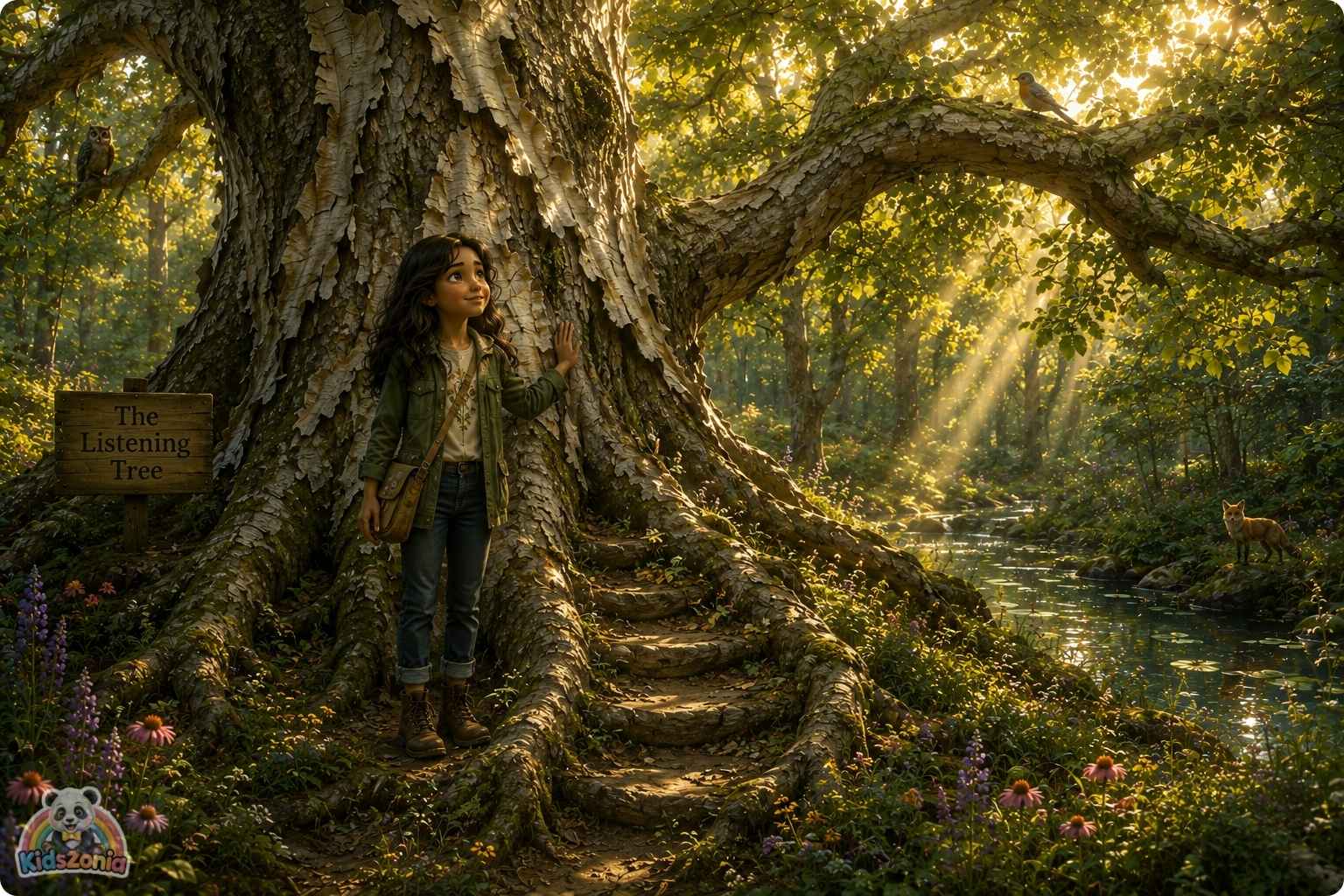 Ava standing beneath the silver-barked Listening Tree in Linden Grove with birds, foxes, and community members nearby, showing nature protection, courage, environmental responsibility, and speaking up.