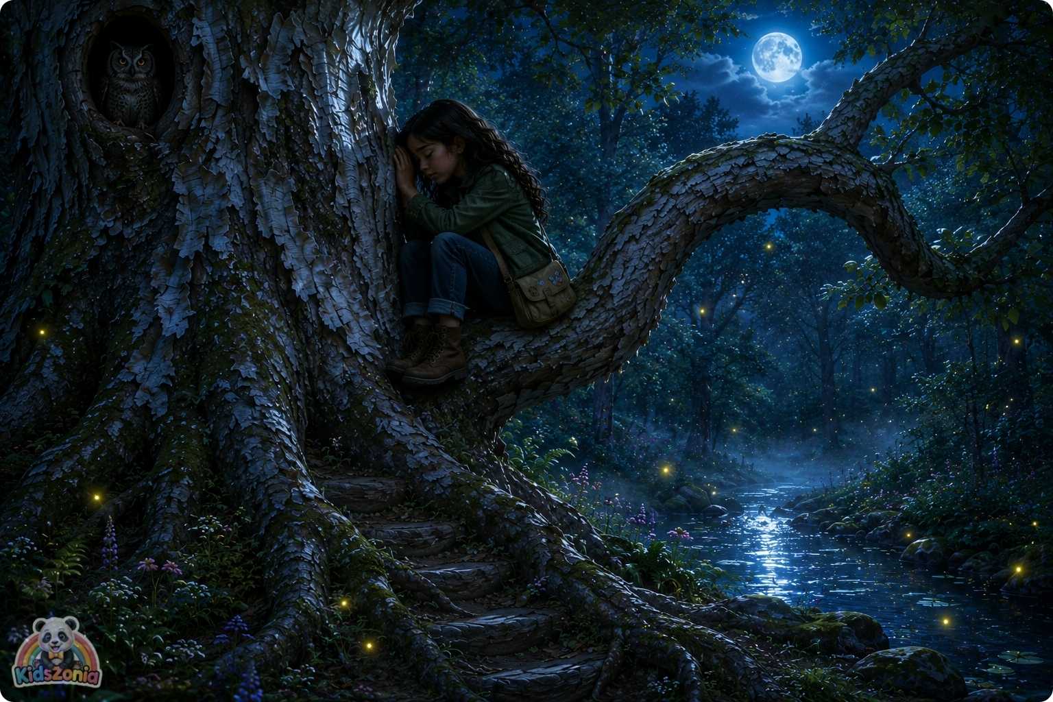 Ava standing beneath the silver-barked Listening Tree in Linden Grove with birds, foxes, and community members nearby, showing nature protection, courage, environmental responsibility, and speaking up.