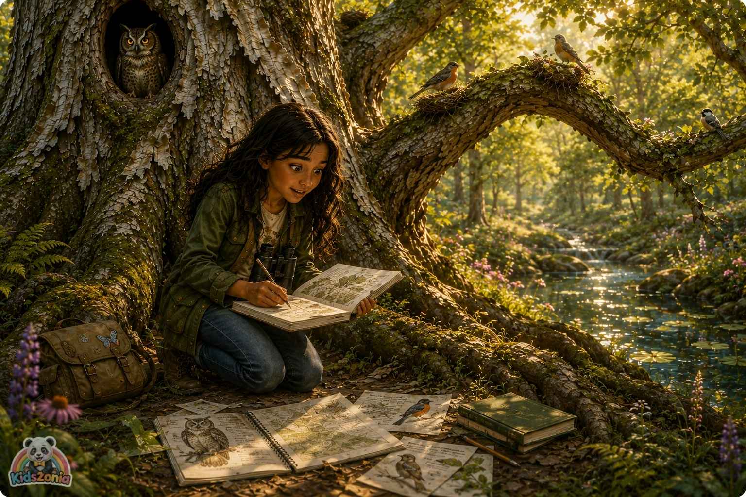 Ava standing beneath the silver-barked Listening Tree in Linden Grove with birds, foxes, and community members nearby, showing nature protection, courage, environmental responsibility, and speaking up.