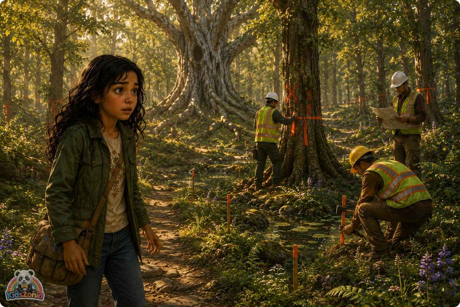 Ava standing beneath the silver-barked Listening Tree in Linden Grove with birds, foxes, and community members nearby, showing nature protection, courage, environmental responsibility, and speaking up.