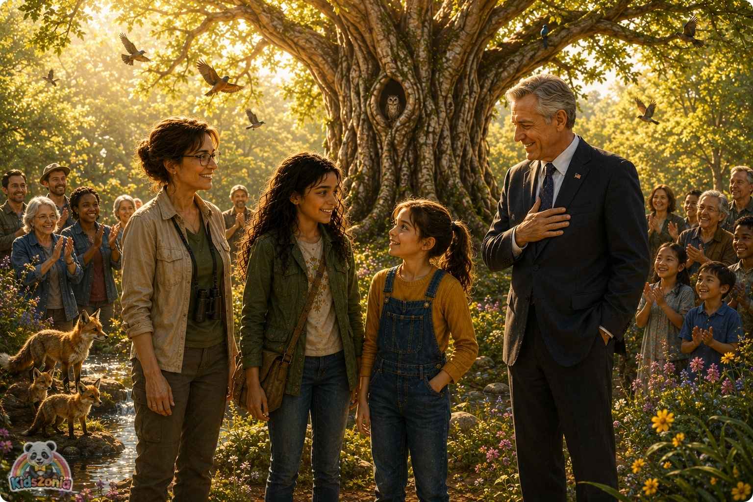 Ava standing beneath the silver-barked Listening Tree in Linden Grove with birds, foxes, and community members nearby, showing nature protection, courage, environmental responsibility, and speaking up.