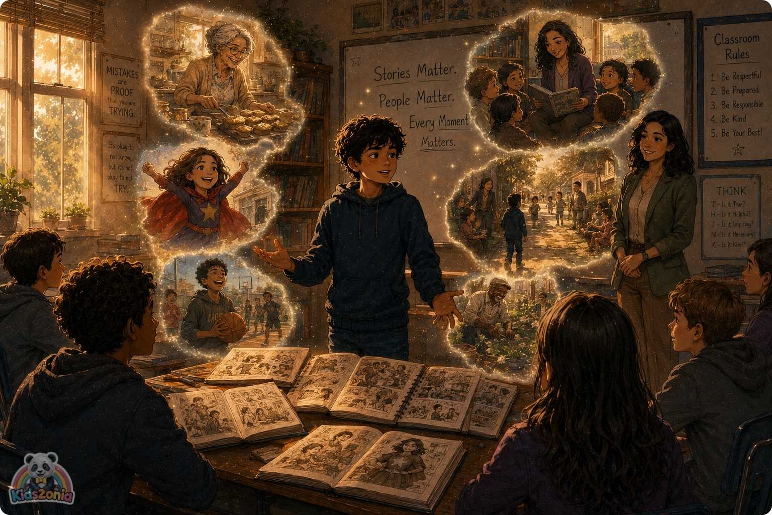 Oliver sharing his sketchbooks in class while students and family admire his drawings, showing creativity, courage, self-expression, storytelling, and the power of being seen.