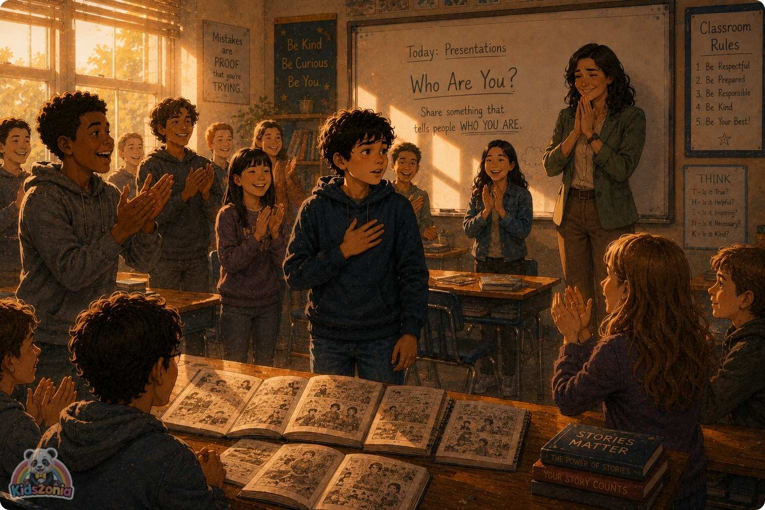 Oliver sharing his sketchbooks in class while students and family admire his drawings, showing creativity, courage, self-expression, storytelling, and the power of being seen.