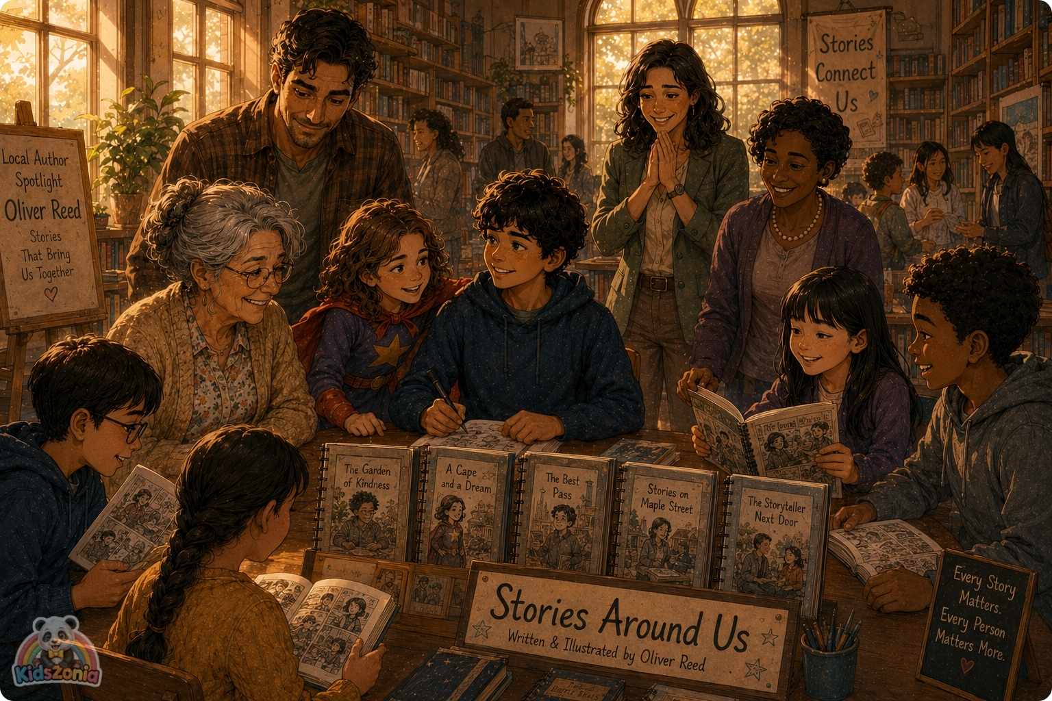 Oliver sharing his sketchbooks in class while students and family admire his drawings, showing creativity, courage, self-expression, storytelling, and the power of being seen.