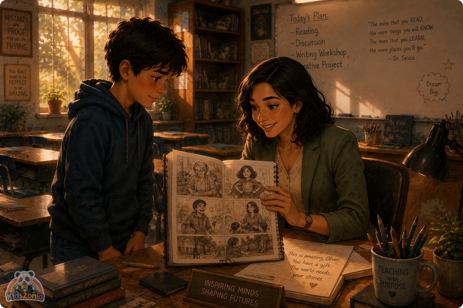 Oliver sharing his sketchbooks in class while students and family admire his drawings, showing creativity, courage, self-expression, storytelling, and the power of being seen.