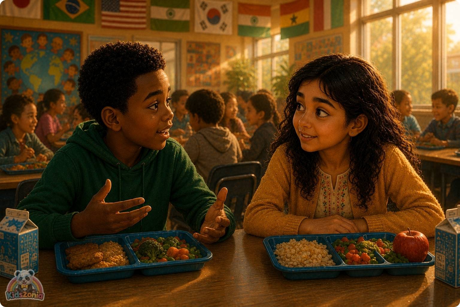 Noor and Kwame sharing family food traditions at an International Food Fair, showing culture, friendship, diversity, and storytelling.