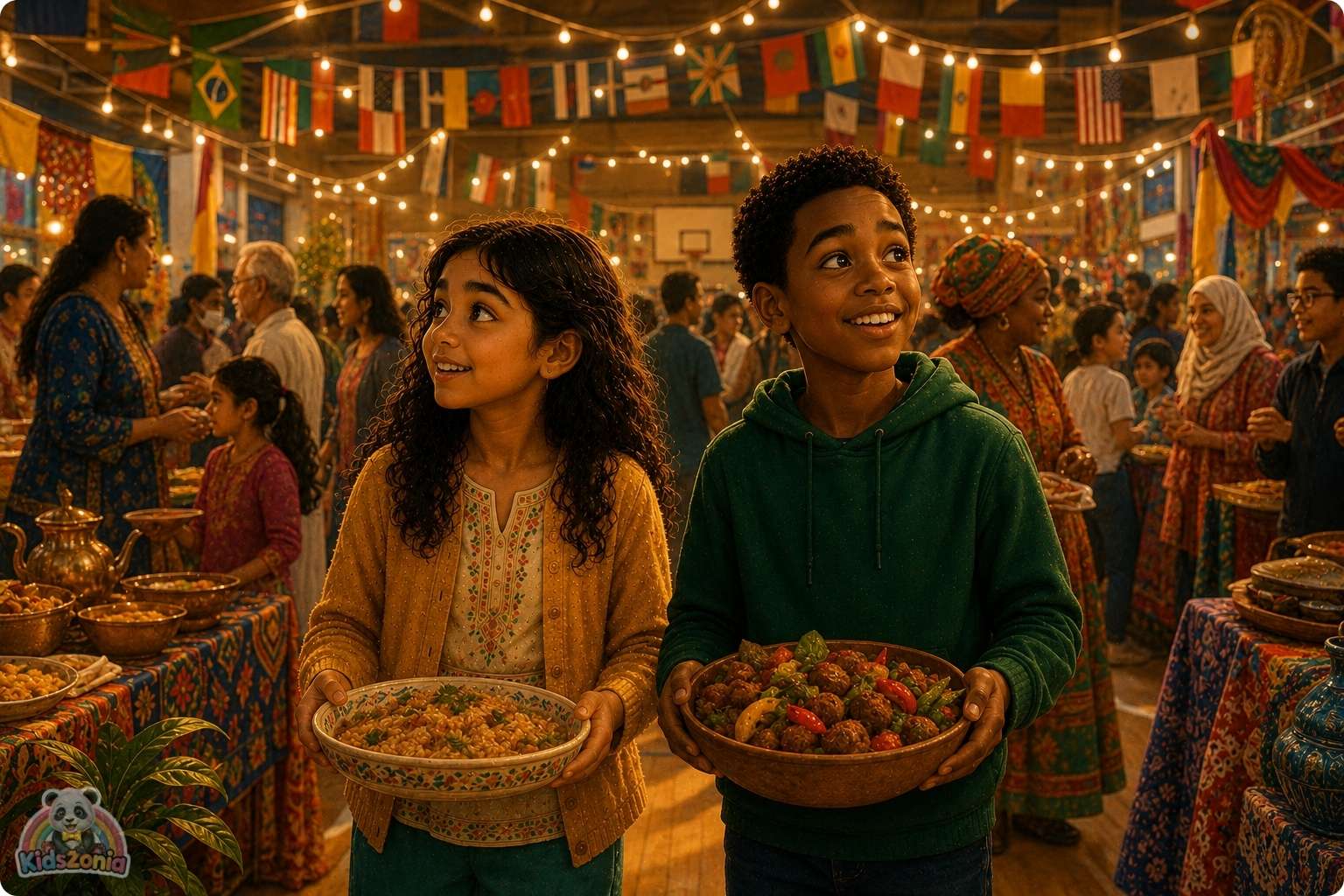 Noor and Kwame sharing family food traditions at an International Food Fair, showing culture, friendship, diversity, and storytelling.