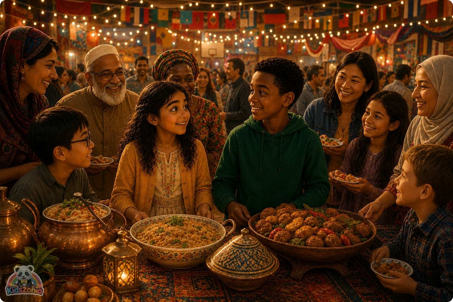 Noor and Kwame sharing family food traditions at an International Food Fair, showing culture, friendship, diversity, and storytelling.