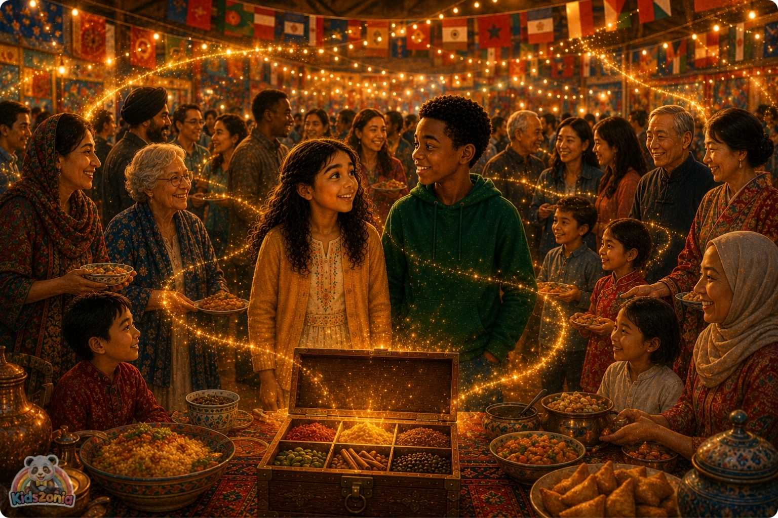 Noor and Kwame sharing family food traditions at an International Food Fair, showing culture, friendship, diversity, and storytelling.