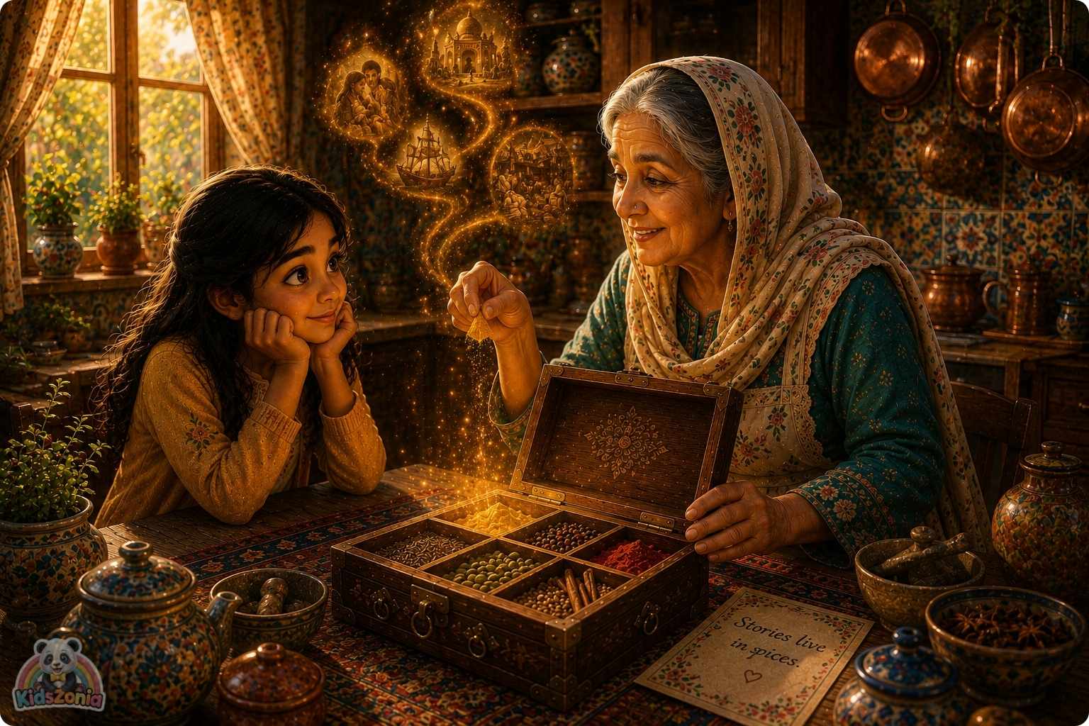 Noor and Kwame sharing family food traditions at an International Food Fair, showing culture, friendship, diversity, and storytelling.