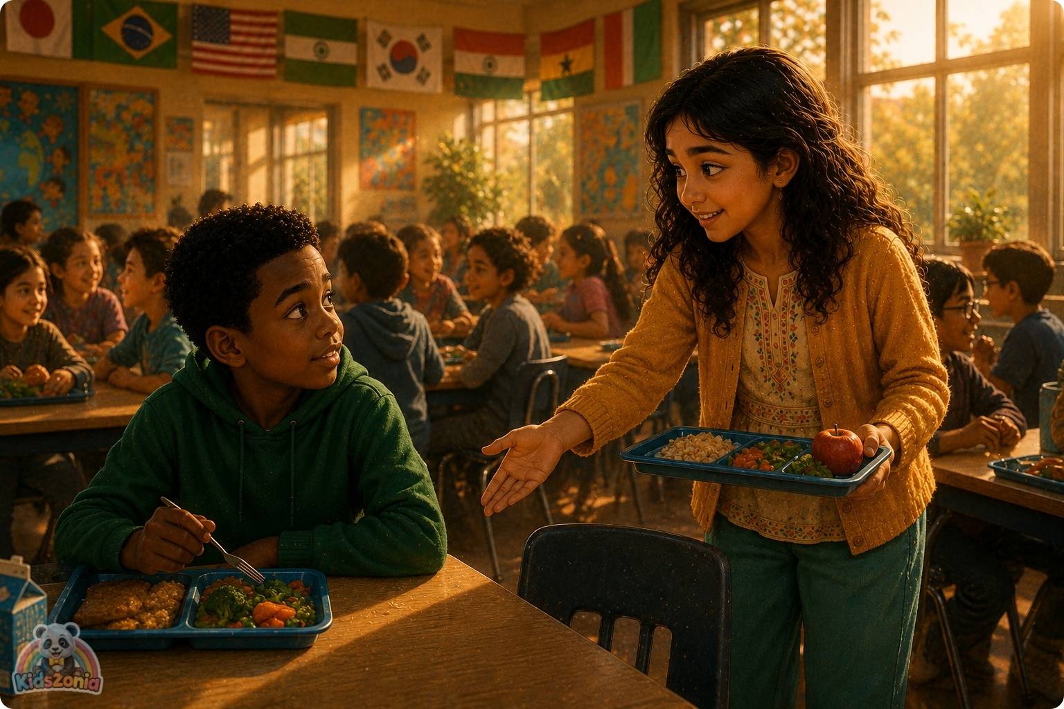Noor and Kwame sharing family food traditions at an International Food Fair, showing culture, friendship, diversity, and storytelling.