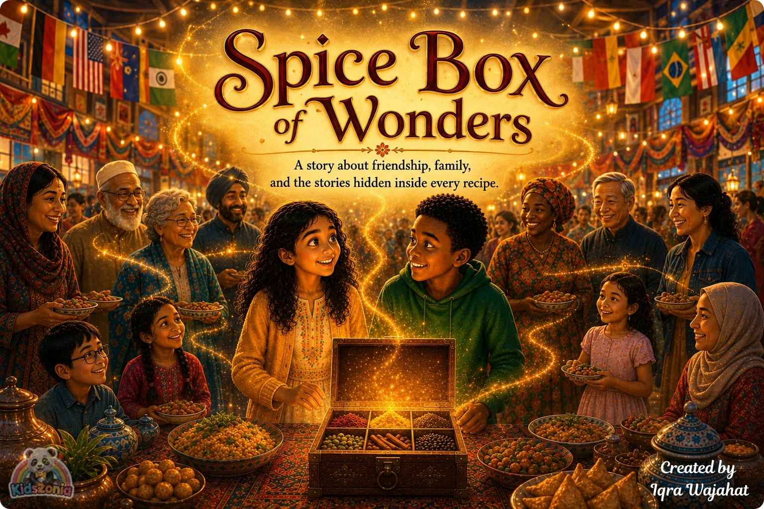 Noor and Kwame sharing family food traditions at an International Food Fair, showing culture, friendship, diversity, and storytelling.