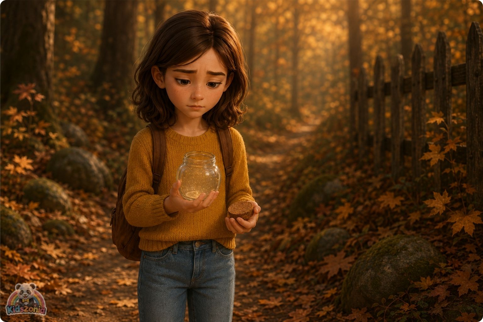 Lila finding a small glowing glass jar under fallen leaves in Henderson Woods, showing hope, sadness, divorce, healing, mystery, and emotional courage.