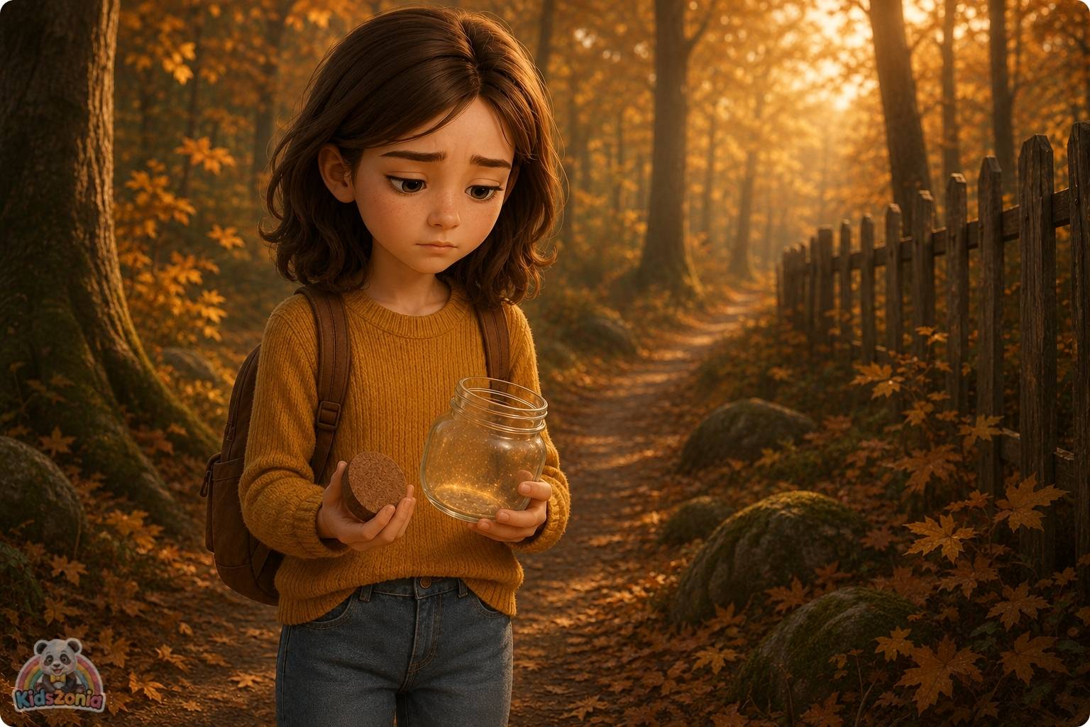 Lila finding a small glowing glass jar under fallen leaves in Henderson Woods, showing hope, sadness, divorce, healing, mystery, and emotional courage.