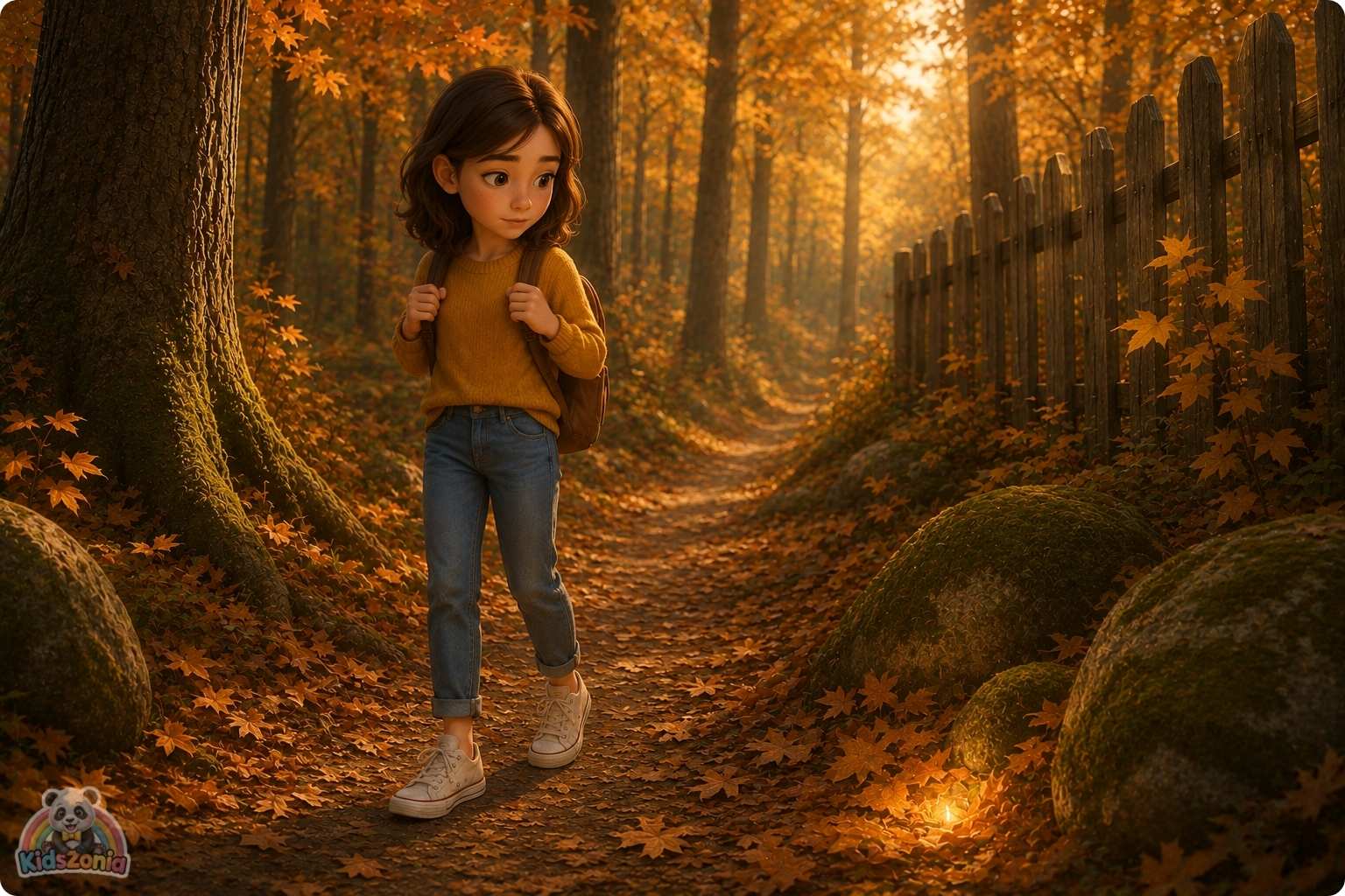 Lila finding a small glowing glass jar under fallen leaves in Henderson Woods, showing hope, sadness, divorce, healing, mystery, and emotional courage.